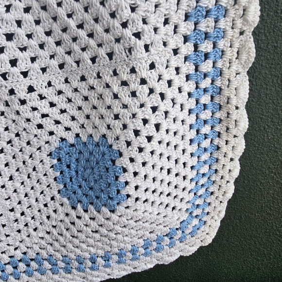 Handmade Blue and White Crochet Nighstand Cover 34" X 35" Grannysquare - Picture 6 of 10